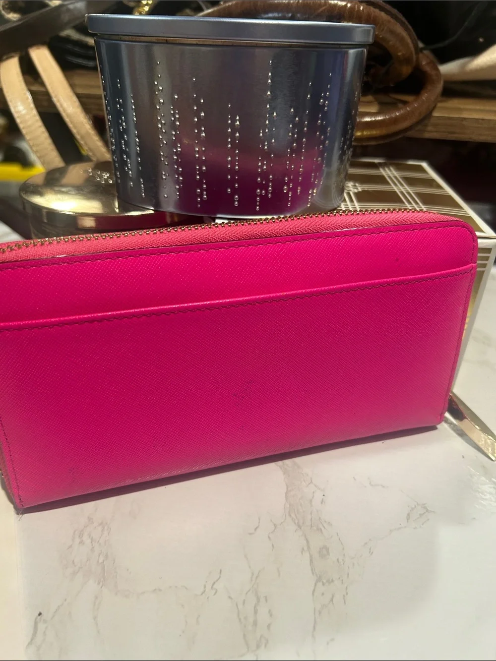 kate spade bright fuchsia zip-around wallet with gold logo